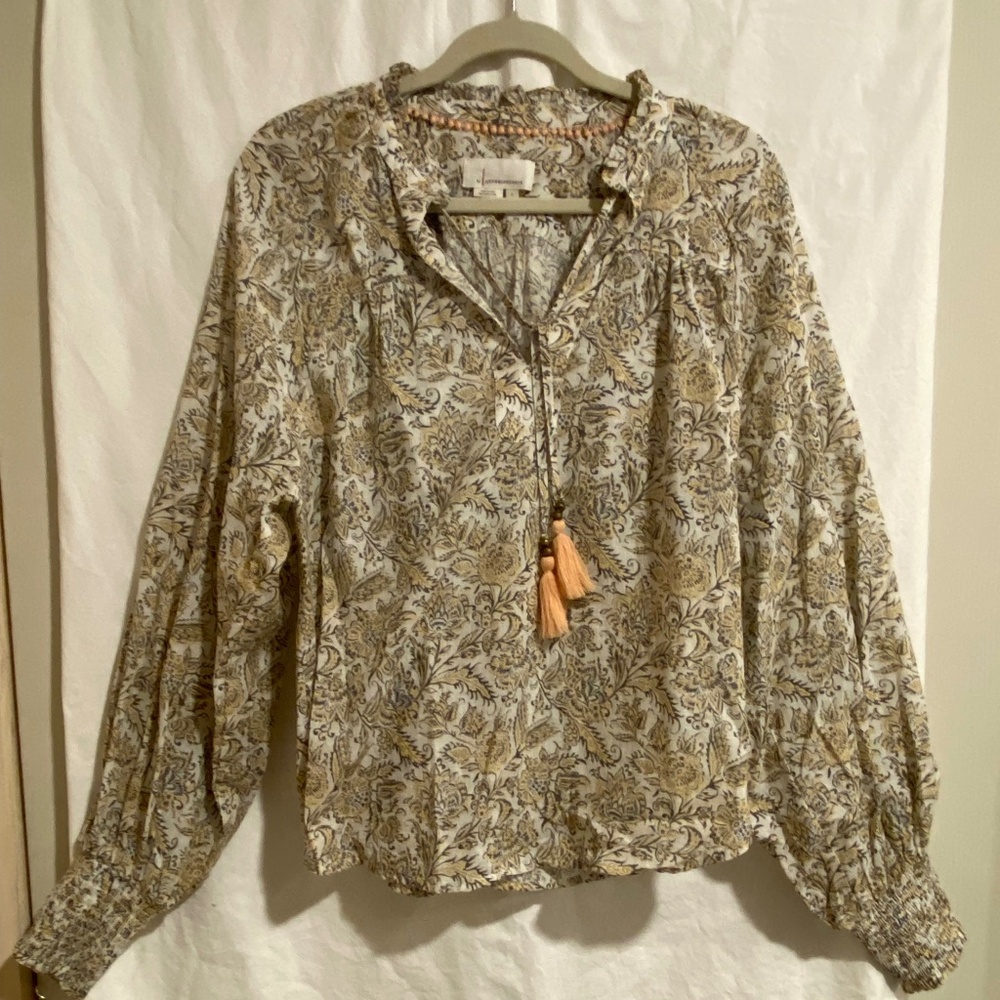 Anthropologie Paisley Boho Tie Neck Puff Sleeve Cotton Peasant Blouse